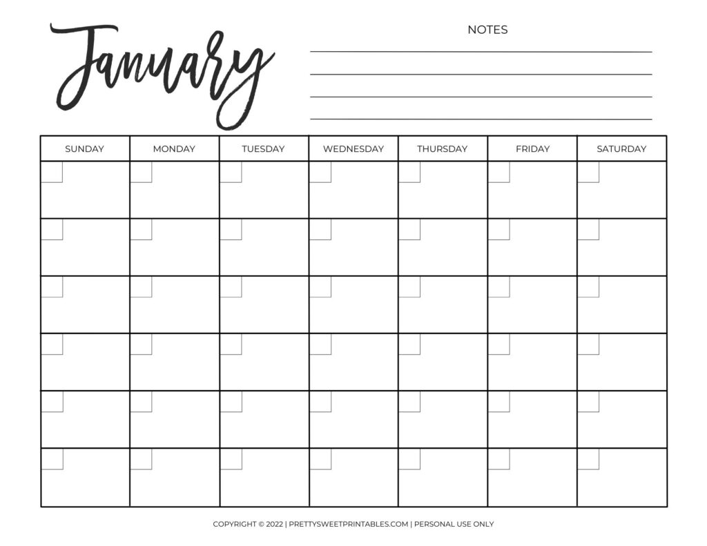 Free Printable Blank Monthly Calendar Pretty Sweet Printables