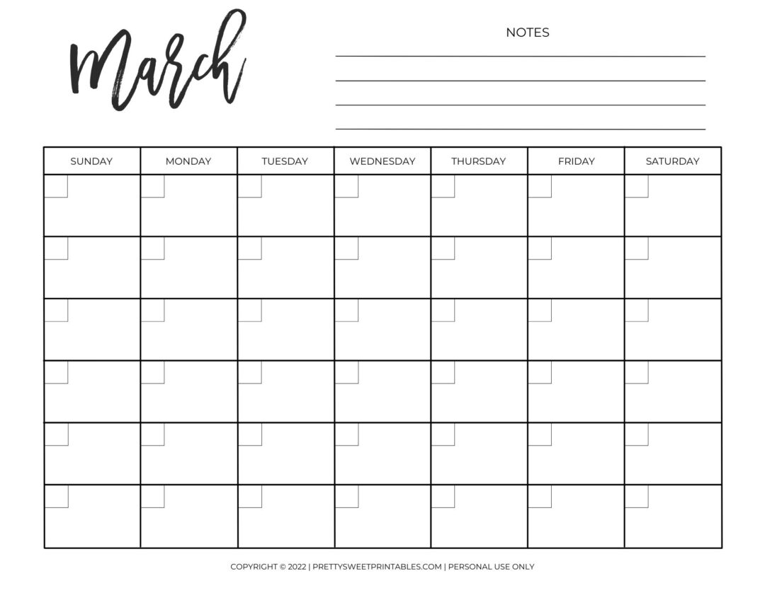 Free Printable Blank Monthly Calendar | Pretty Sweet Printables