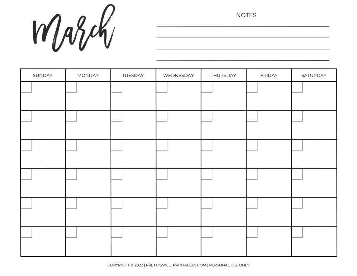 Free Printable Blank Monthly Calendar | Pretty Sweet Printables