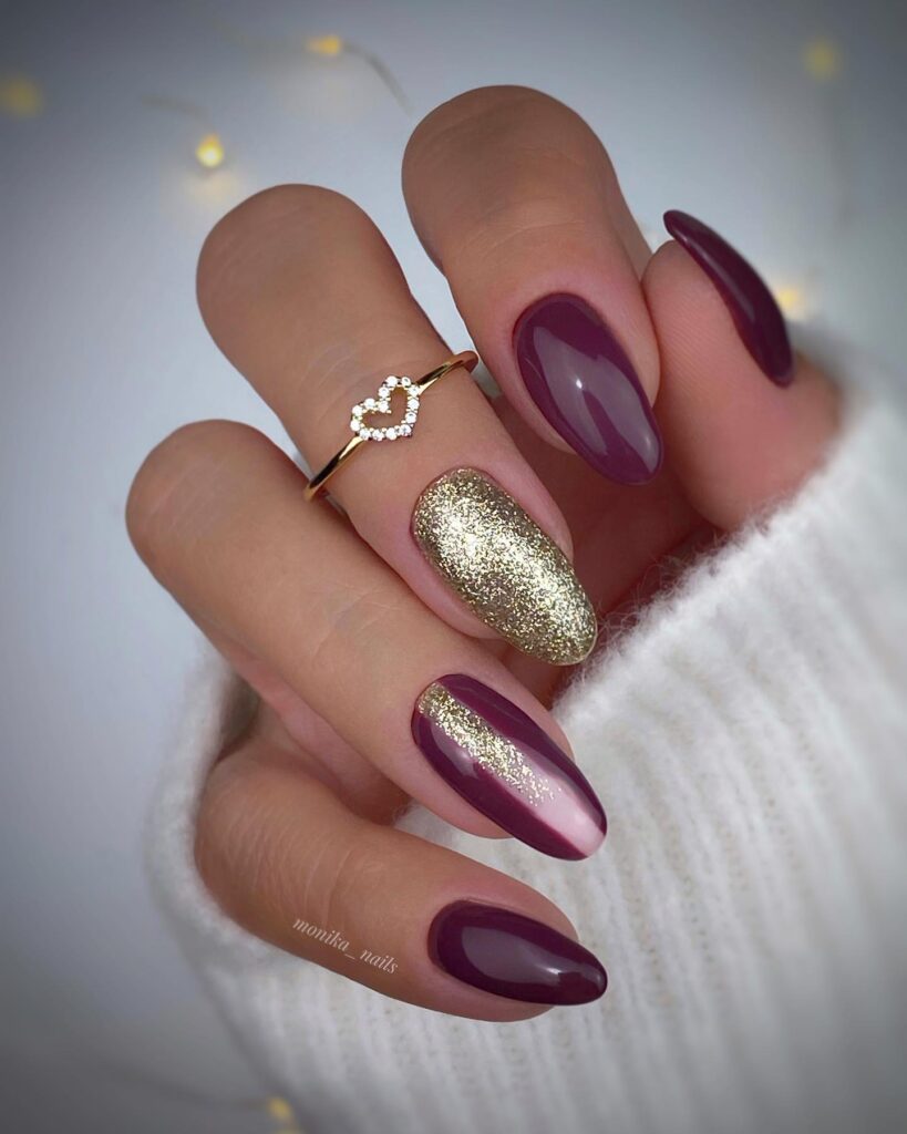 burgundy and glitter nails