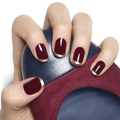 maroon and gold thanksgiving French tip nails