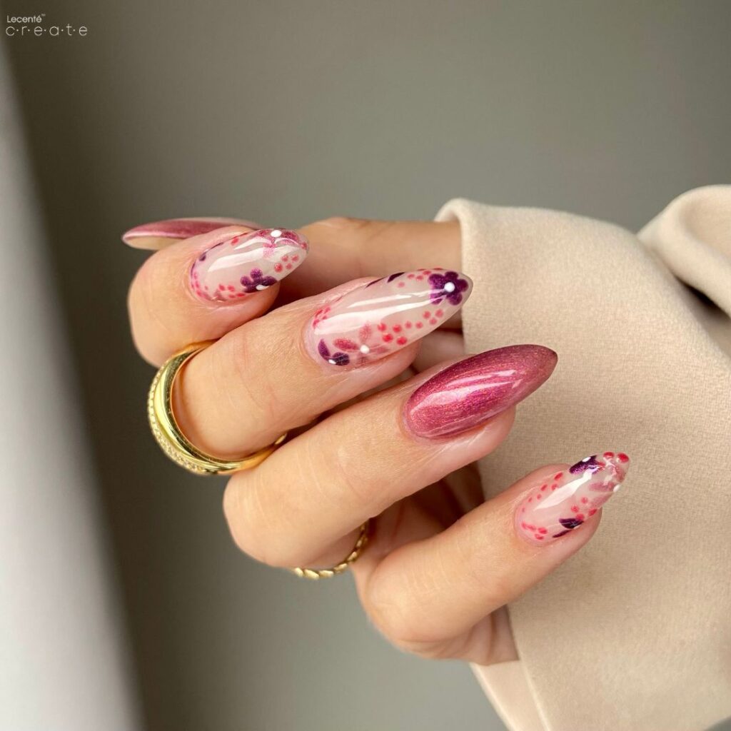 metallic floral fall nails