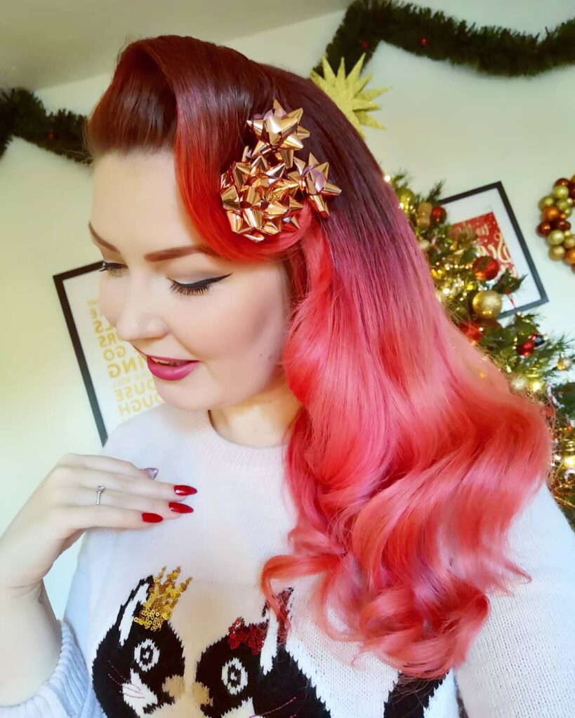 Red ribbons are the perfect way to create a festive holiday hairstyle. I am  wearing a halo hair extension & loosel…