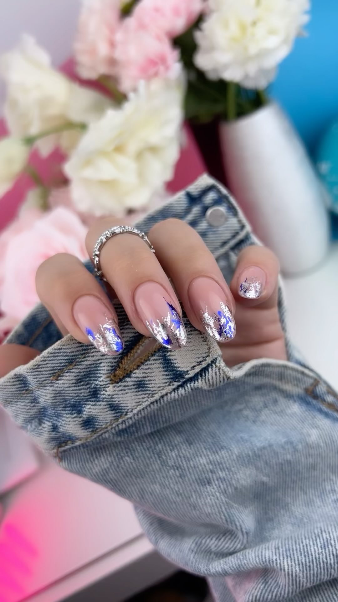 blue and silver foil new years nails