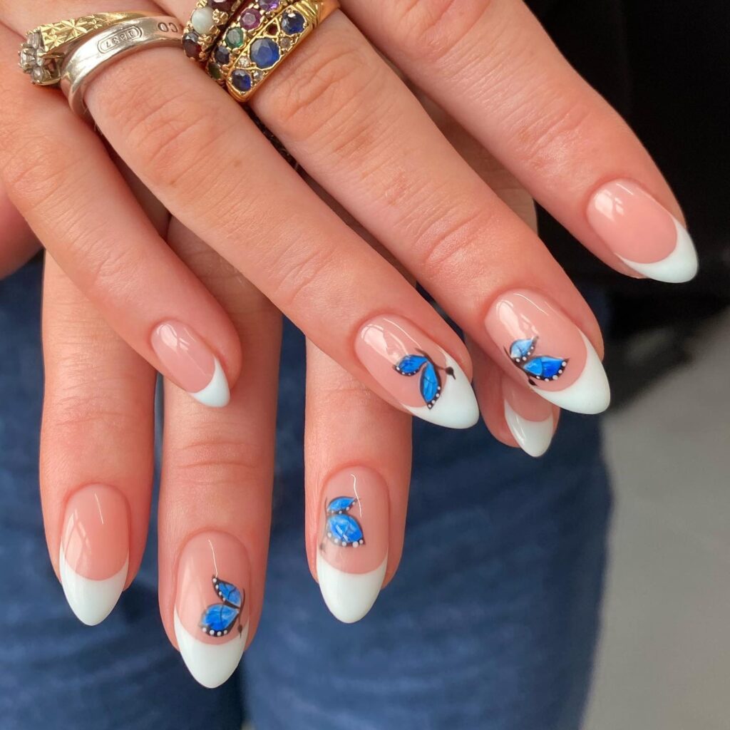 Blue Butterfly French Tip Nails