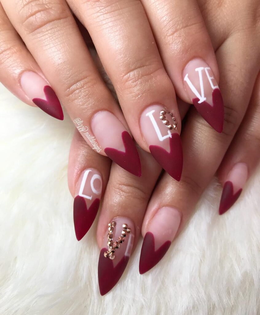 burgundy matte love heart nails