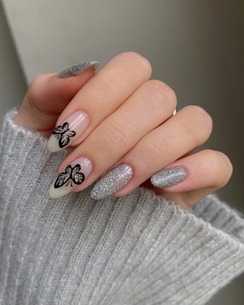 Silver Glitterfly Nails