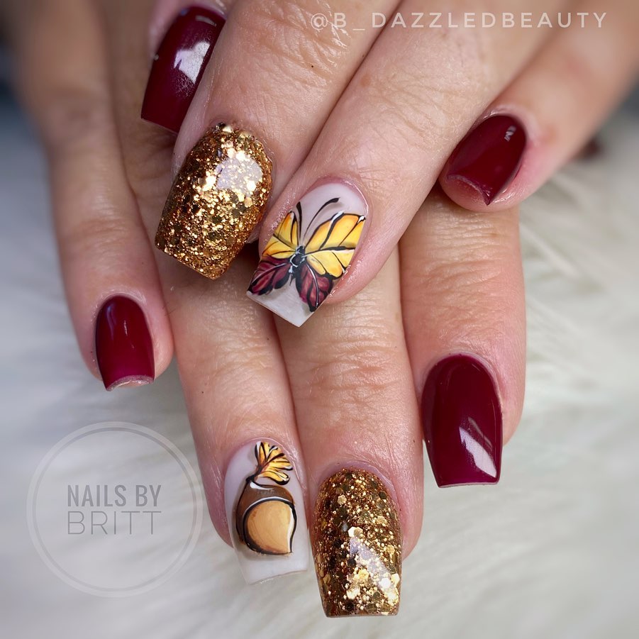 Leaf Butterfly Nail Design