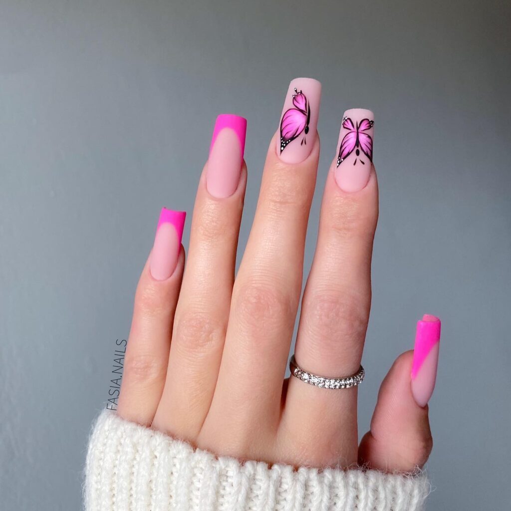 Long Hot Pink French Butterfly Nails