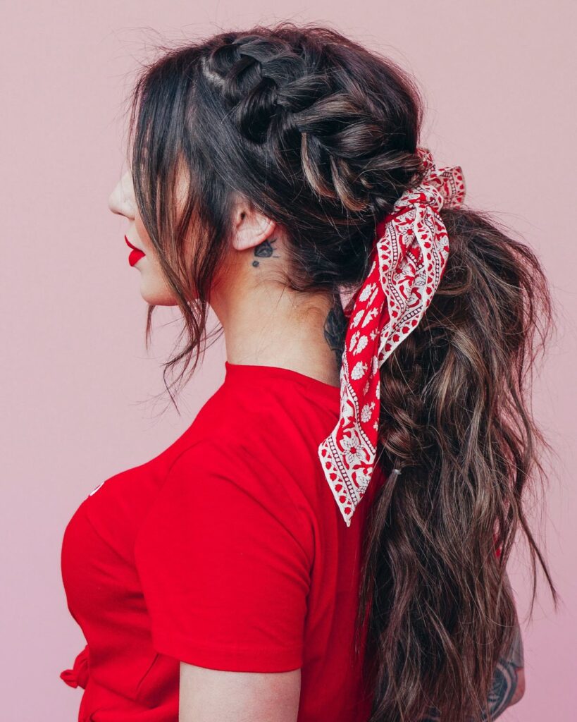 side braid with bandana ponytail