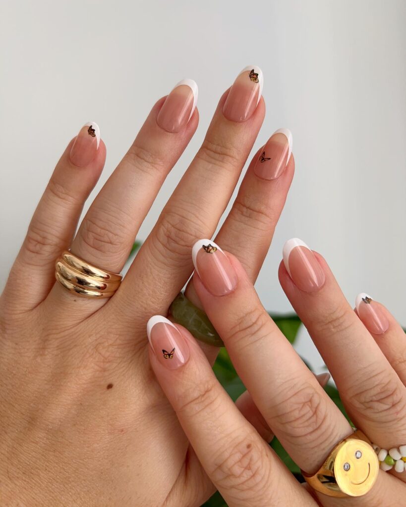 Classic French Tips + Tiny Butterflies