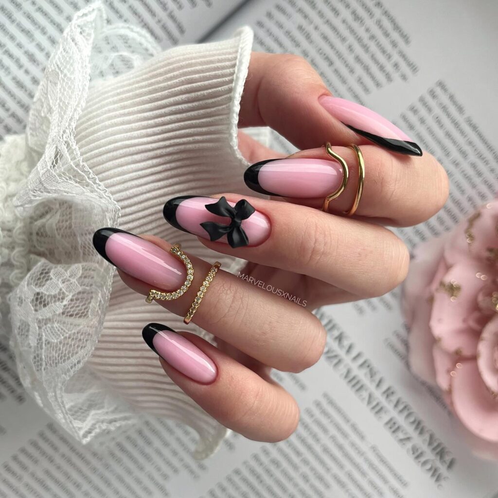 black French tip nails with bow