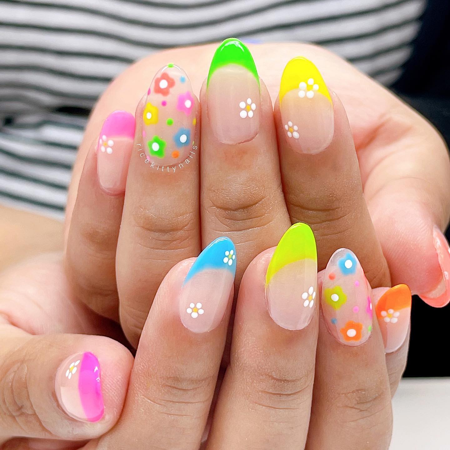 Neon Floral French Tip Nails