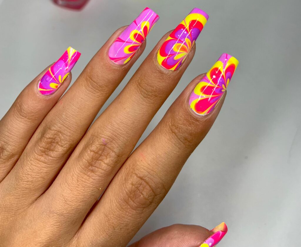 watermarble neon nail design