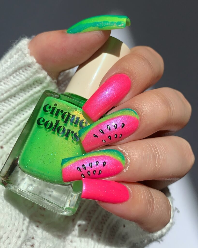 neon glitter melon nails