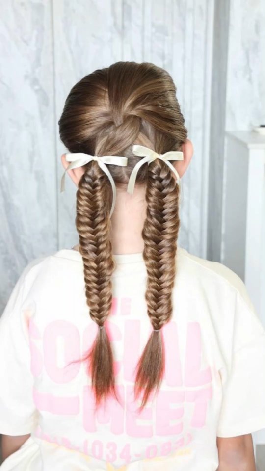 fishtail braid pigtails with ribbon back to school hairstyles