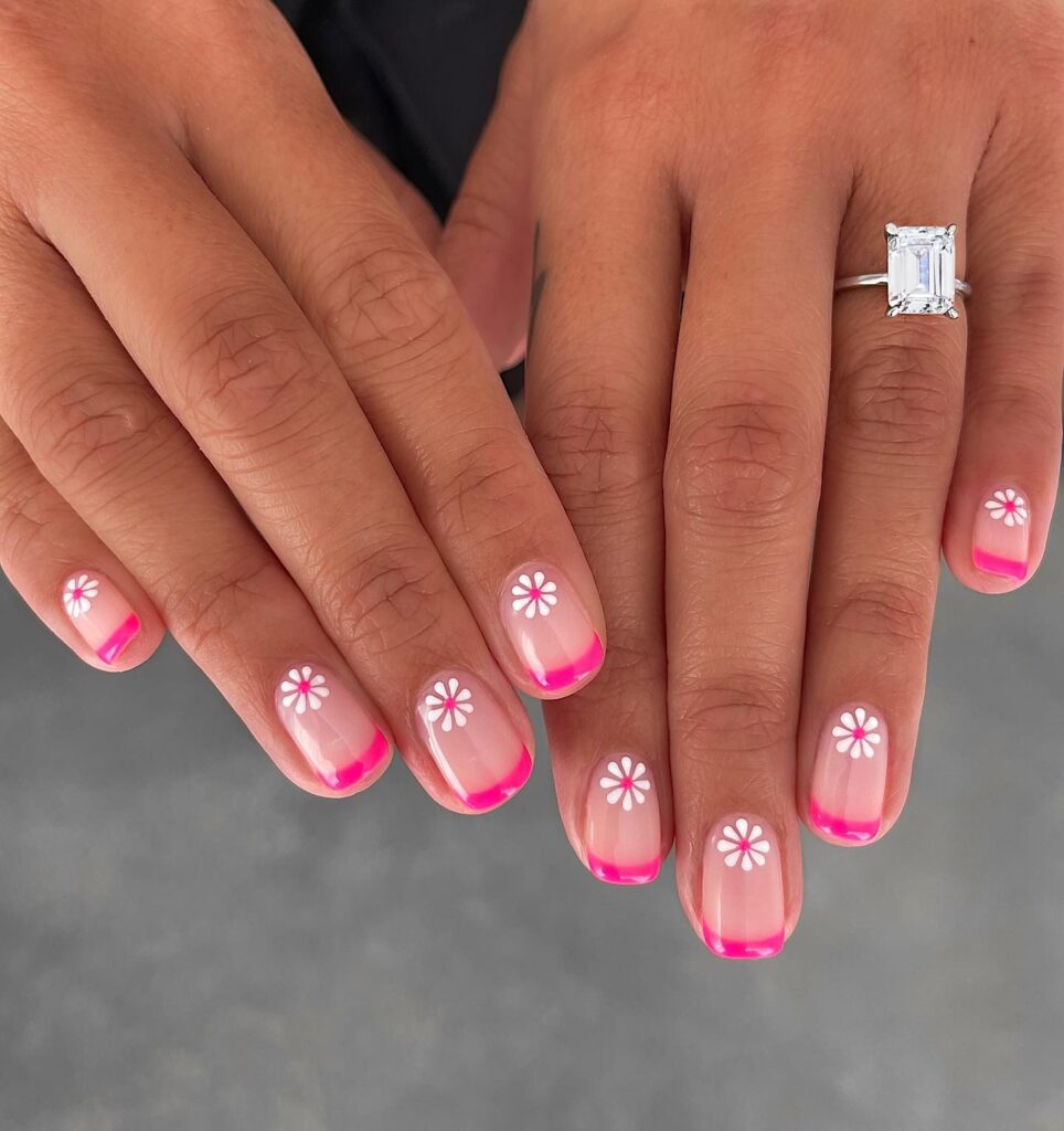 Bright Pink French Daisy Nails