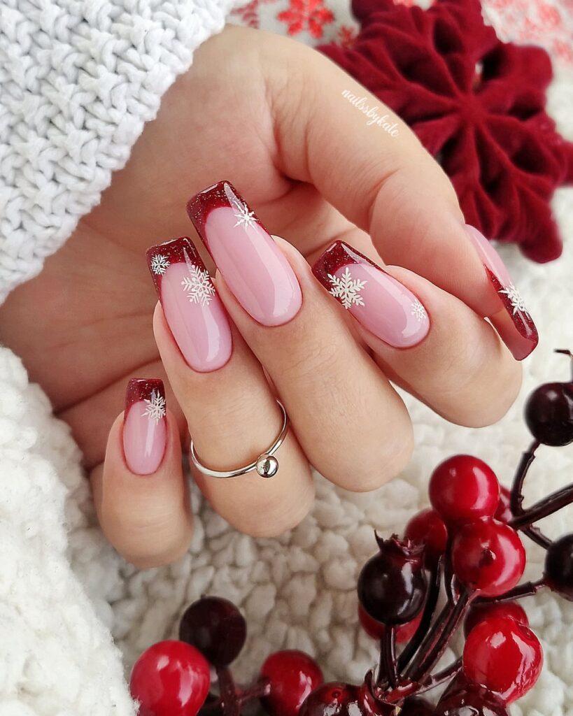 glitter french snowflake nails