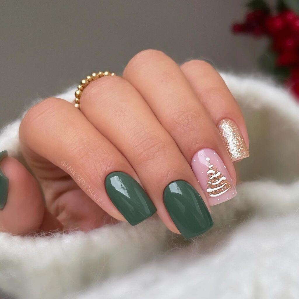 gold & green christmas nail art