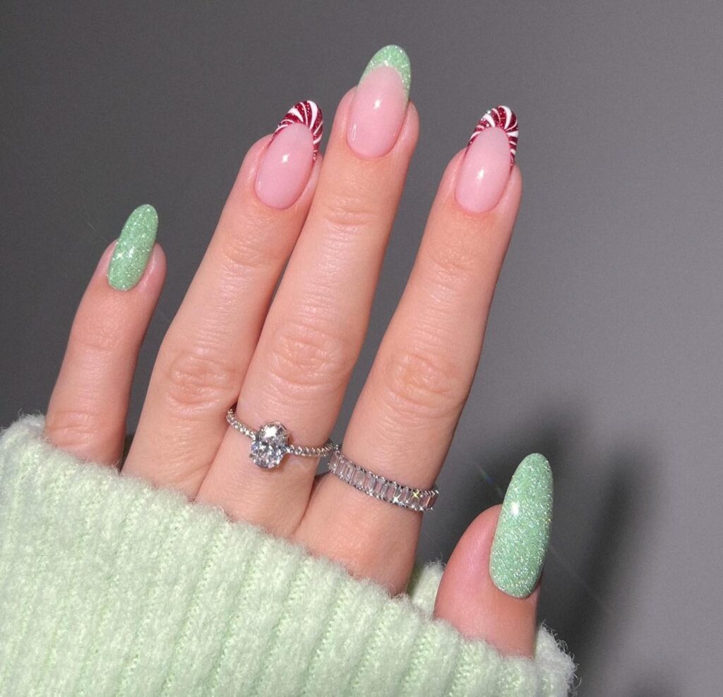 minty candy cane Christmas nails