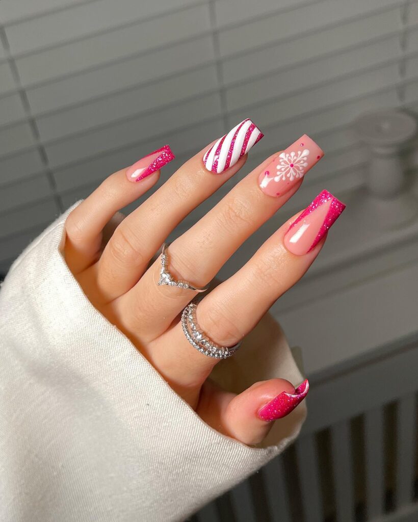 pink christmas nail inspo