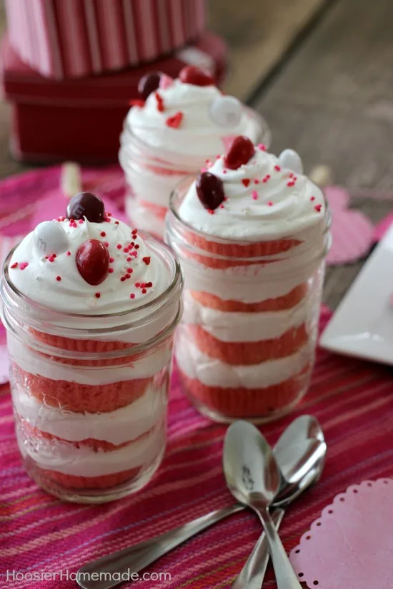 pink velvet cupcakes in a jar
