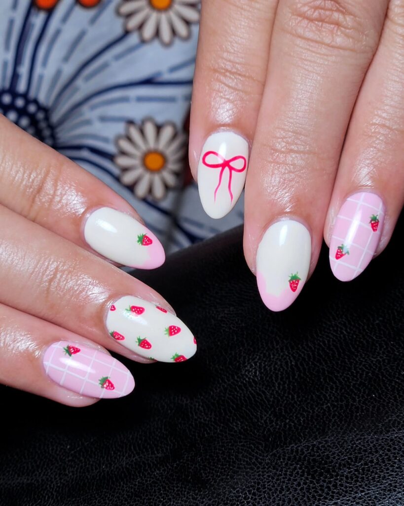 pink & white strawberry nail art