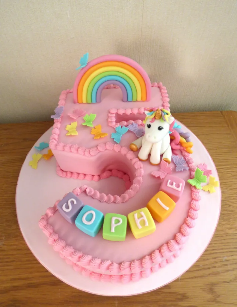 rainbow unicorn number cake