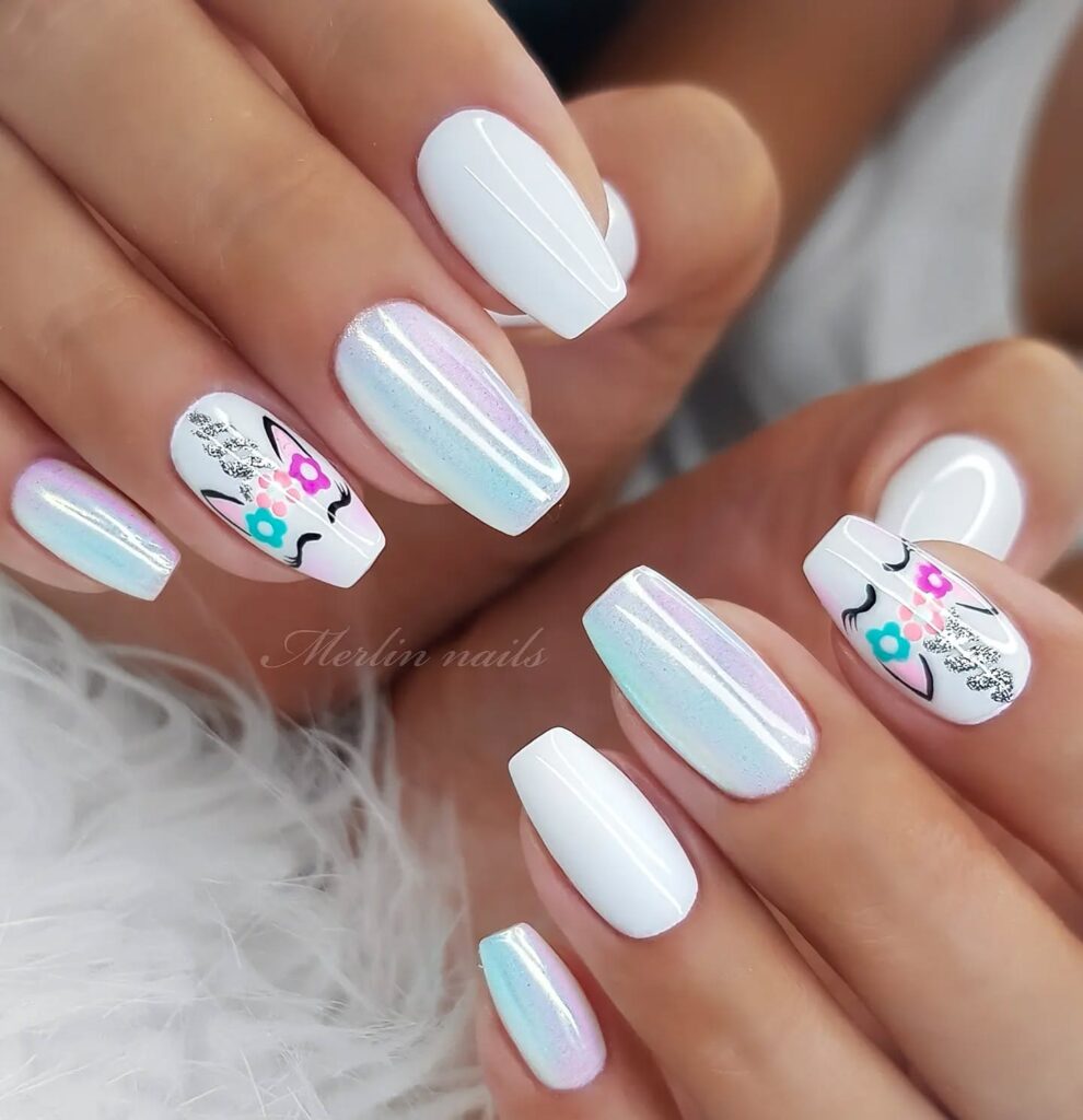 white chrome unicorn nails