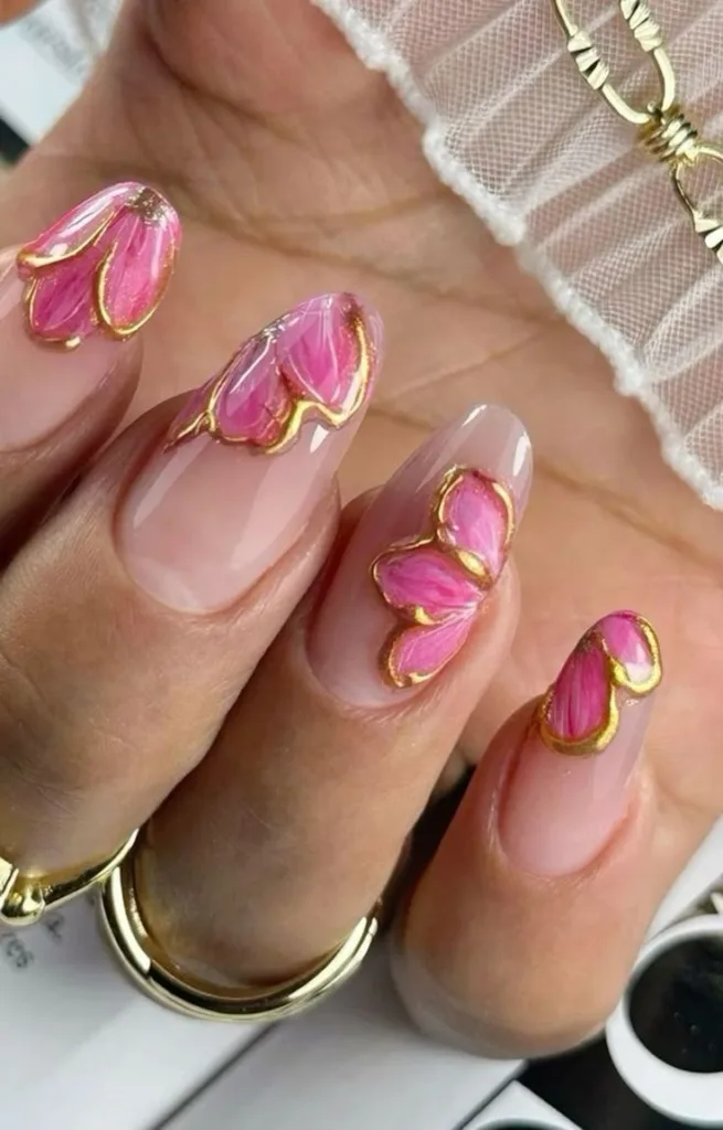 pink and gold petal nails