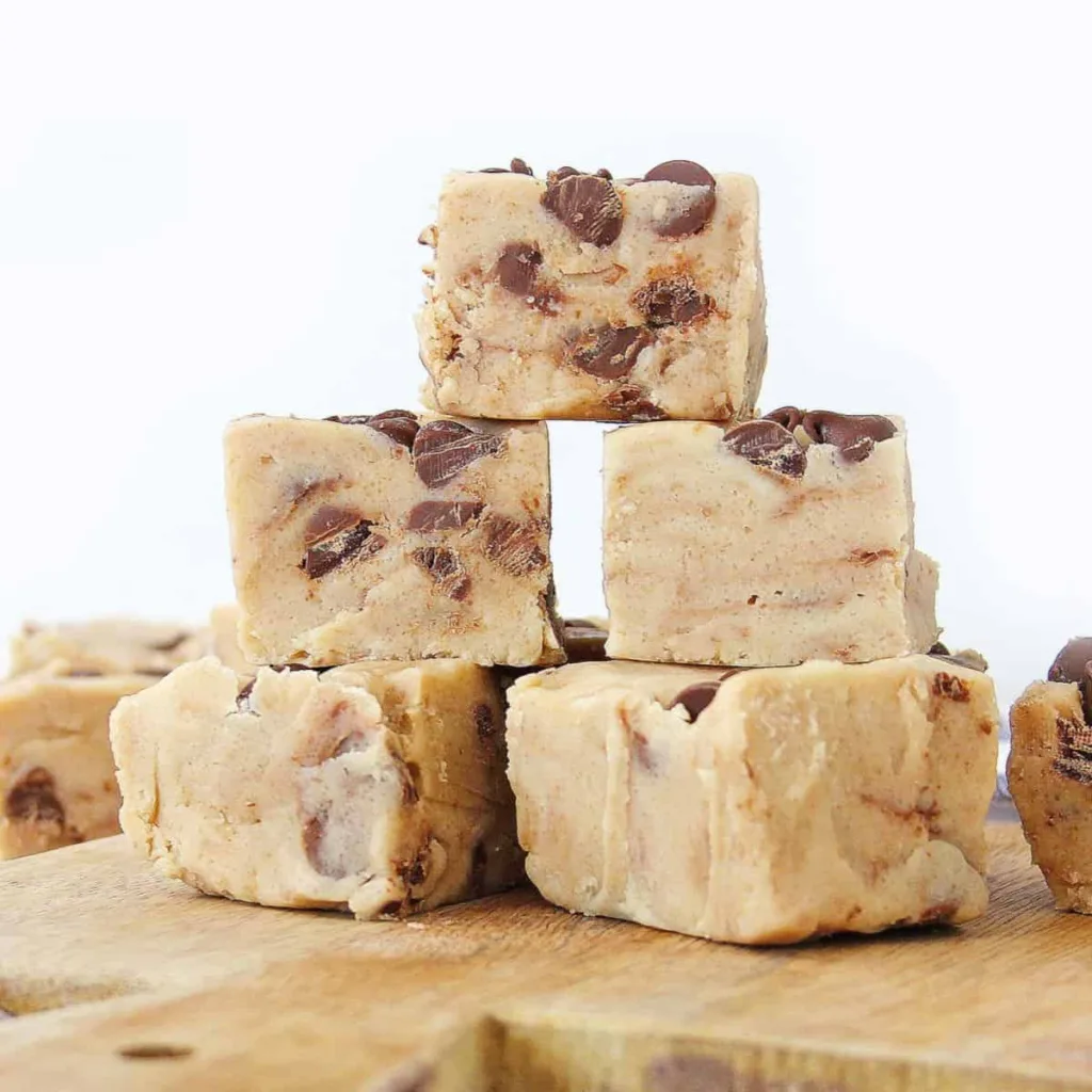 stacked creamy fudge squares packed with chocolate chips