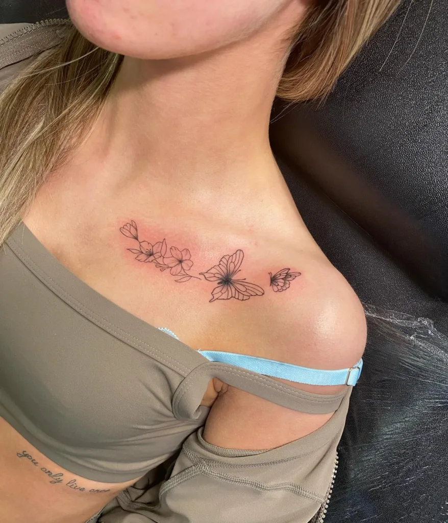 floral collarbone tattoo butterflies