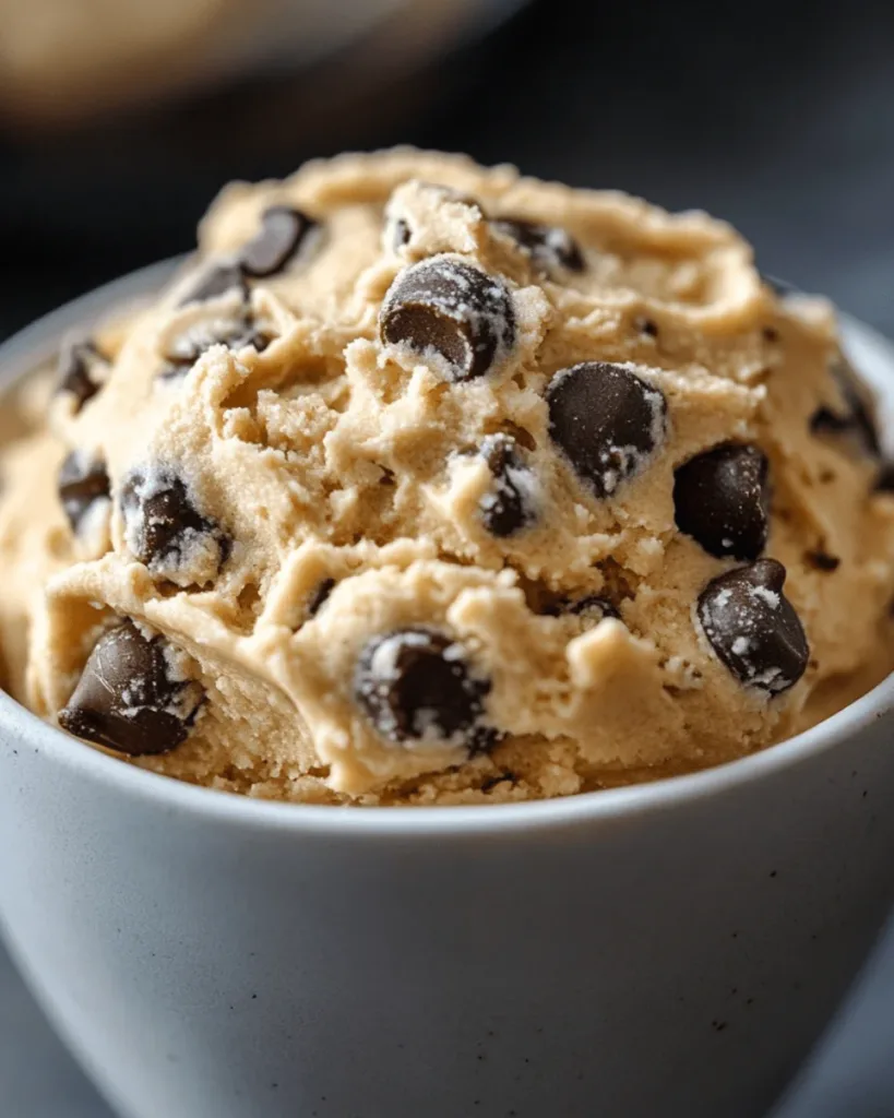 close-up of chocolate chip cookie dough in a small white bowl