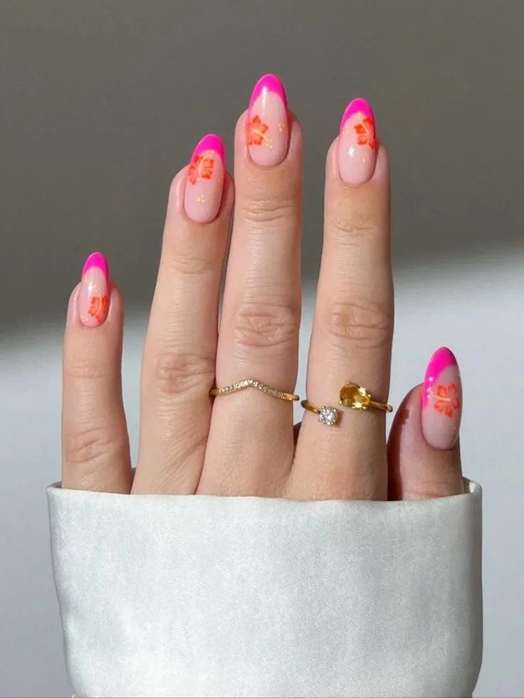 neon hibiscus French tips
