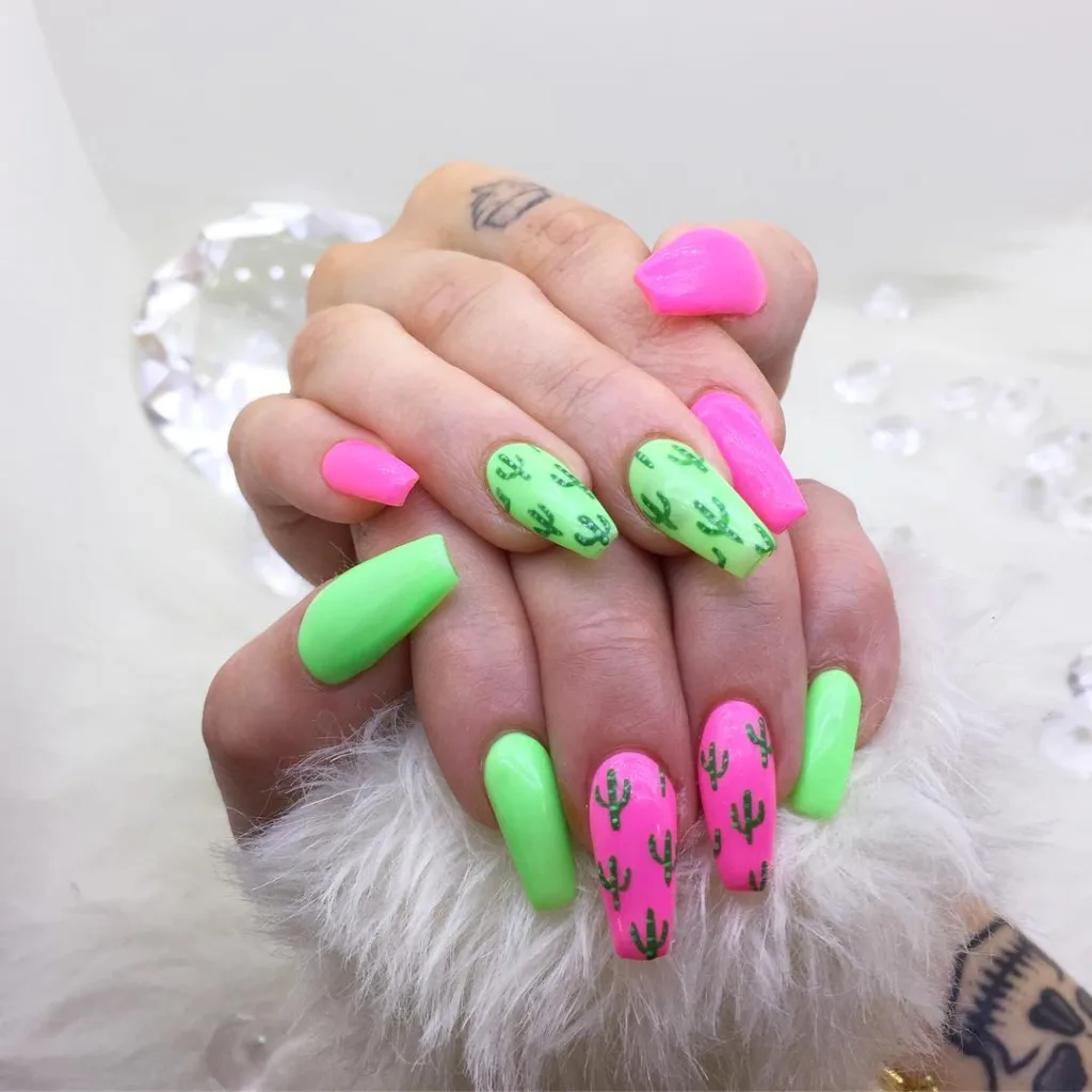 neon pink & green cactus nails