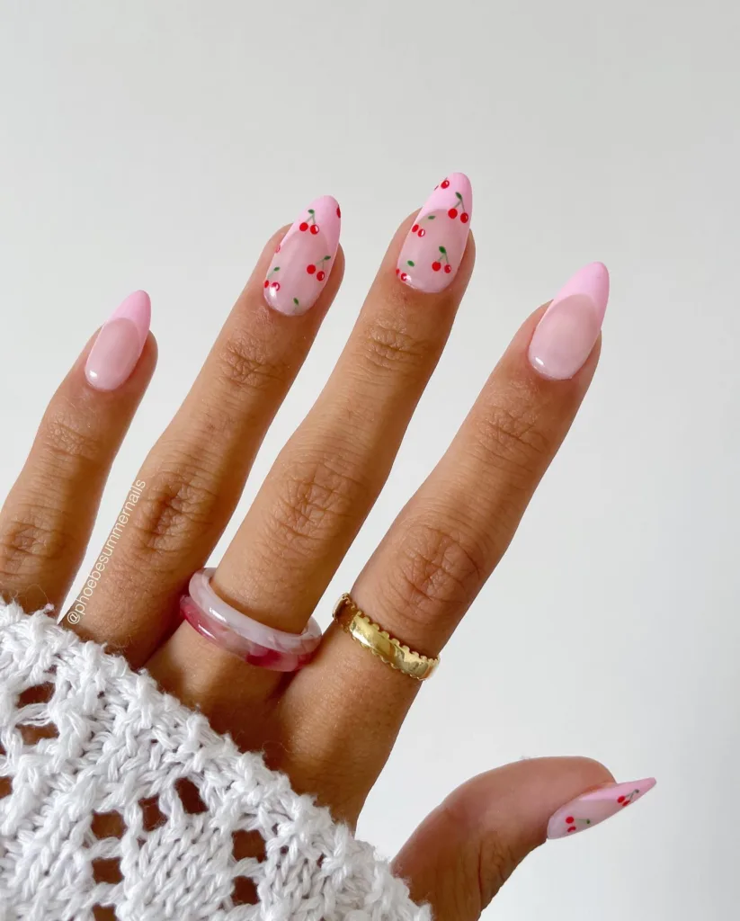 pink cherry french tip nails