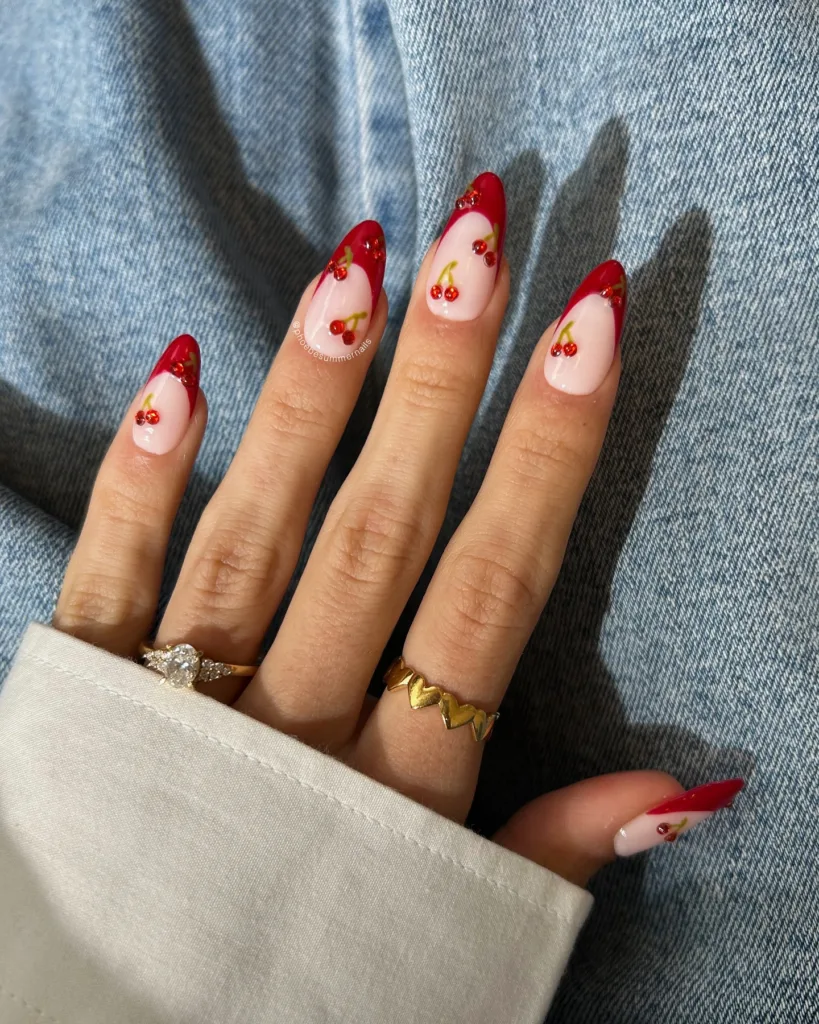 red cherry french tip nails