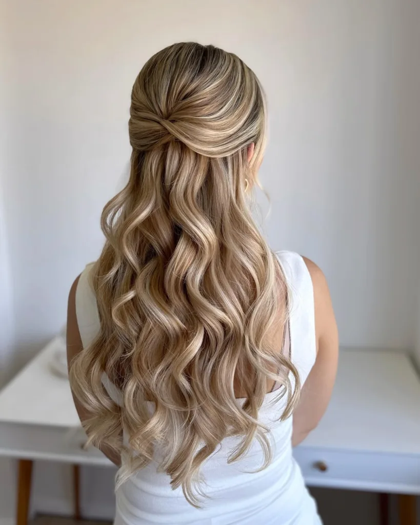 blonde half-up with soft wrap twist and waves
