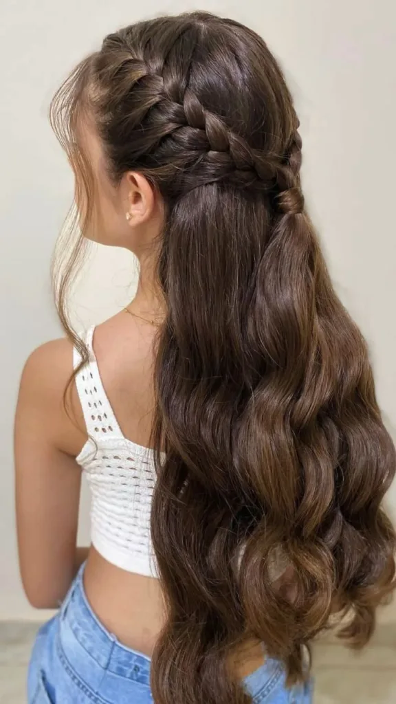 braided half updo with waves