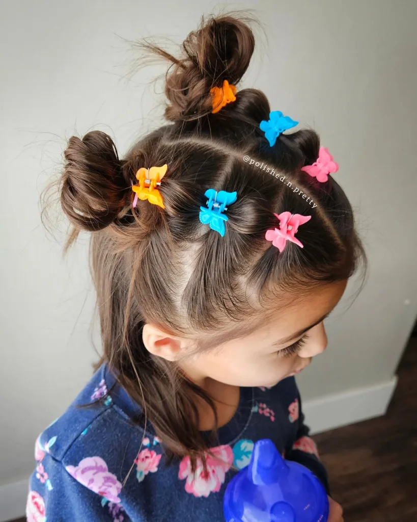 half up buns with bubbles & butterfly clips