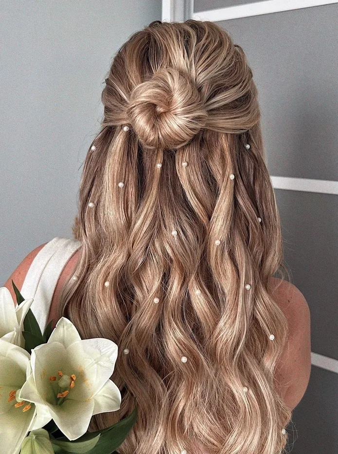 romantic half-up bun with pearls