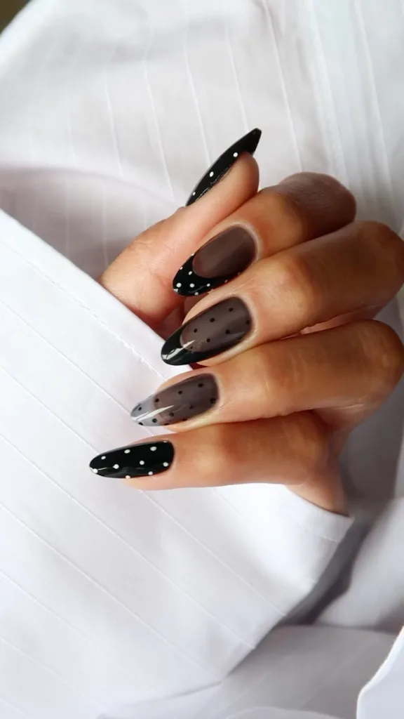sheer black polka dot nails