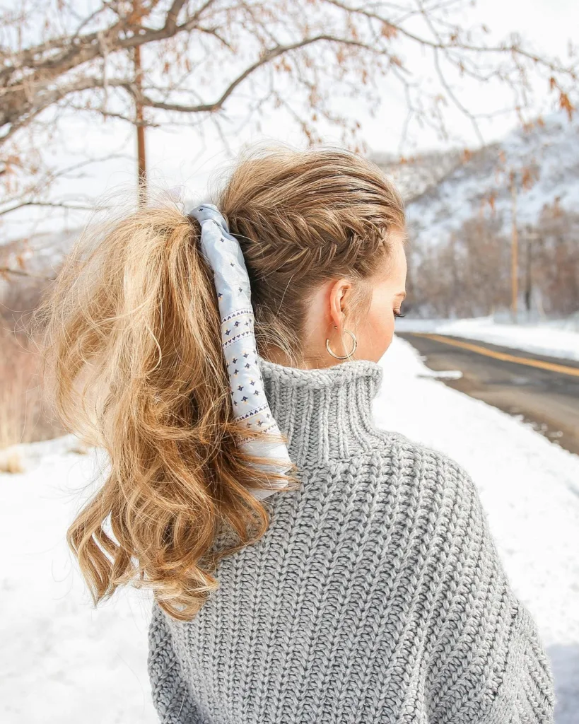 winter fishtail braid ponytail with scarf hair