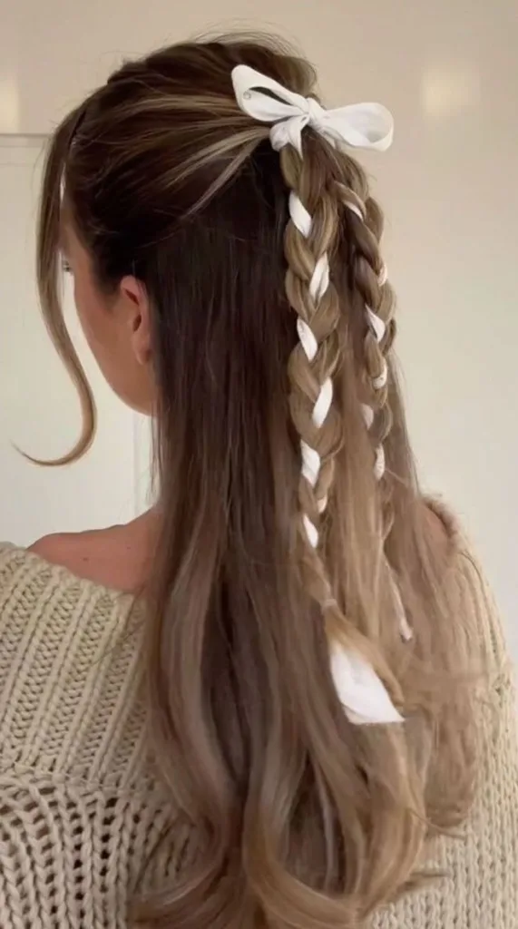 winter half up ribbon braids hair