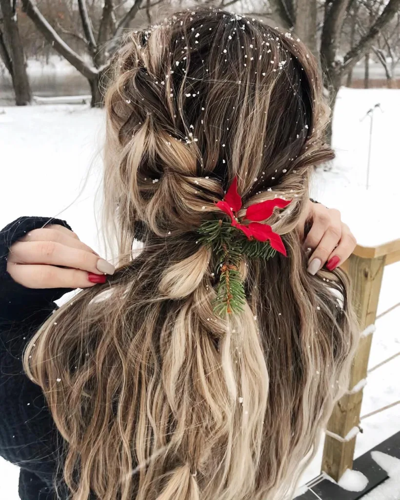 holiday-inspired braids with floral clip