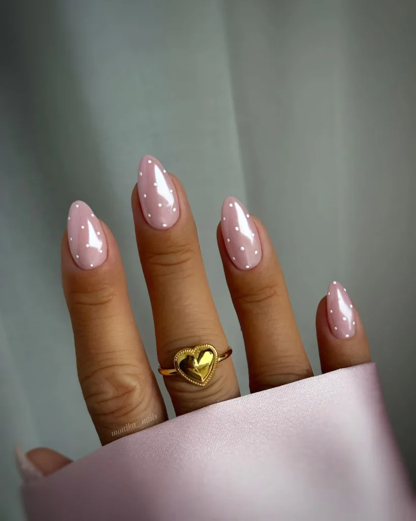 pink chrome almond polka dots