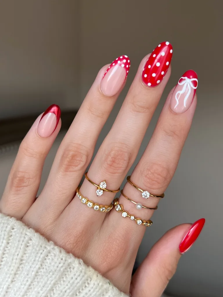 red bow & polka dot nails