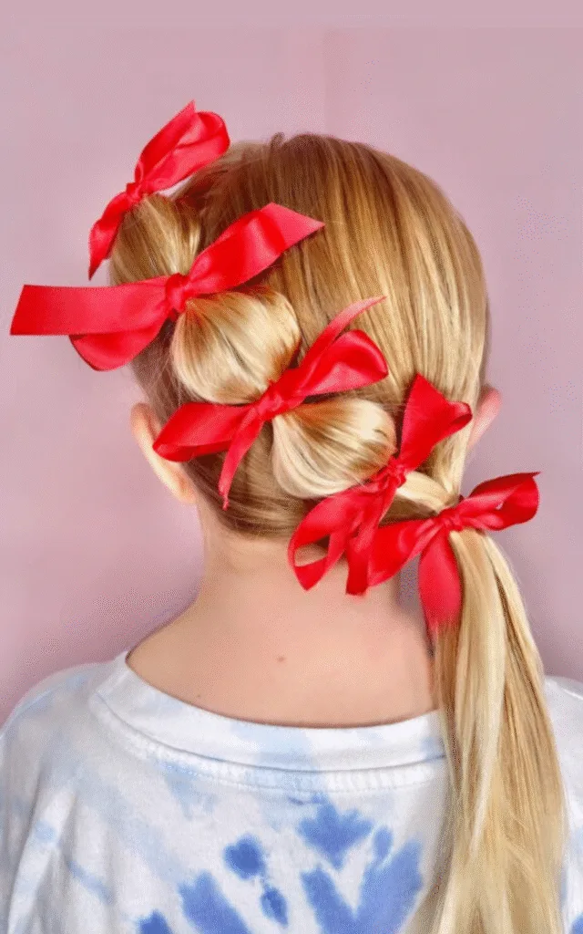 side bubble ponytail with red ribbons