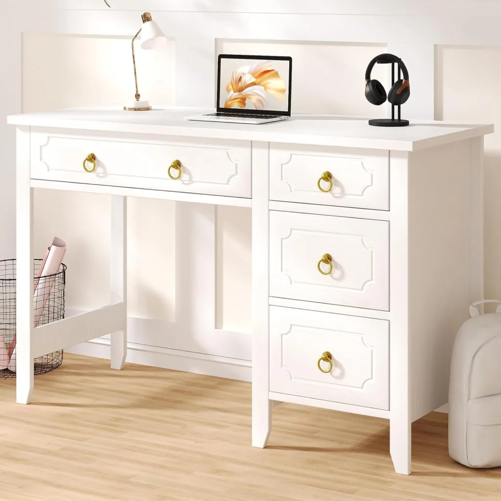 white desk with drawers