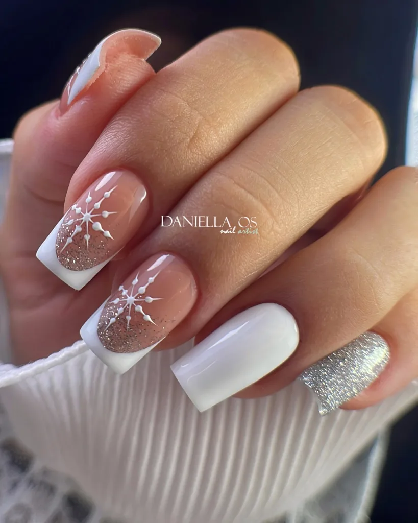 white sparkly snowflake mani